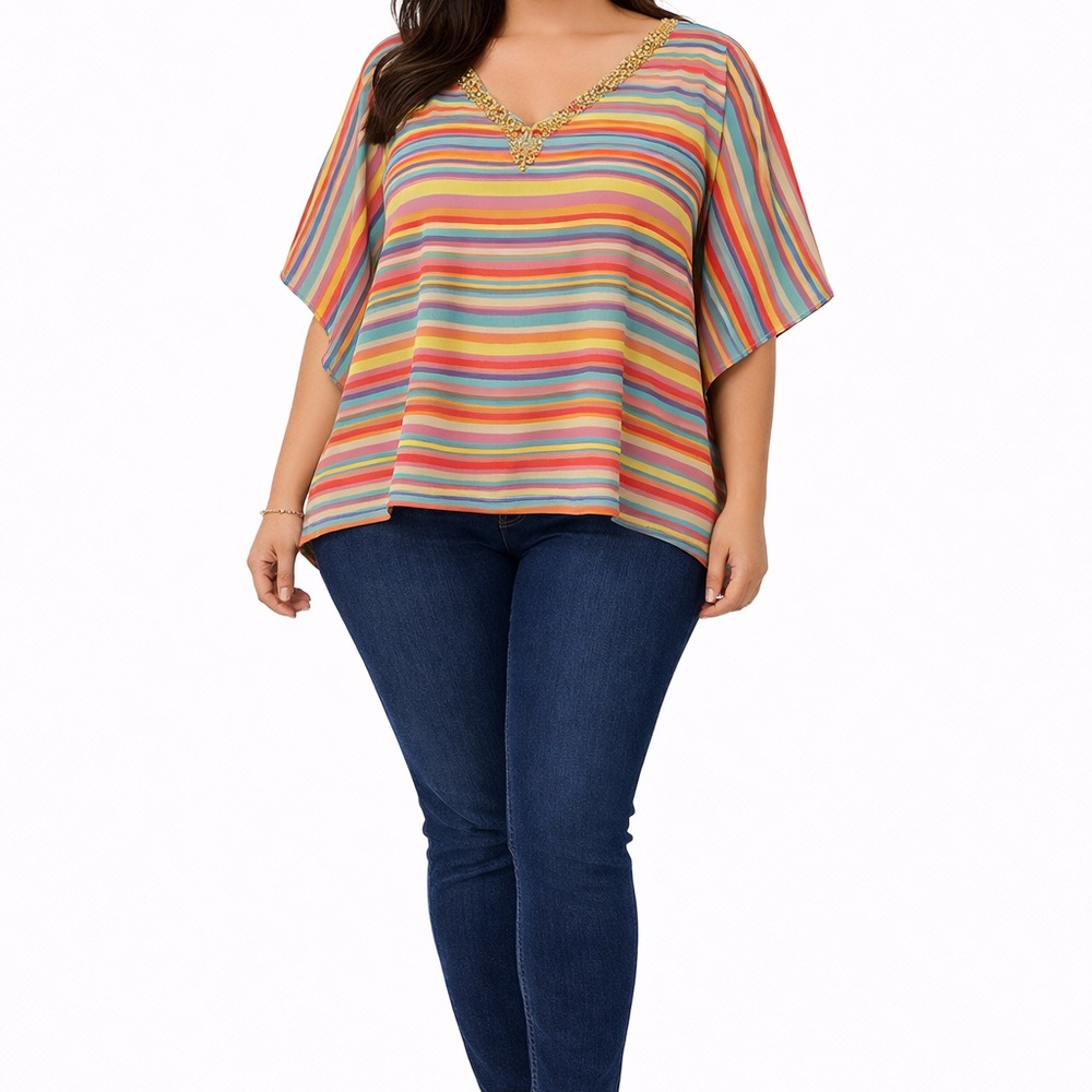 Lane Bryant Rainbow Stripe V-Neck Embellished Tunic Top 22/24